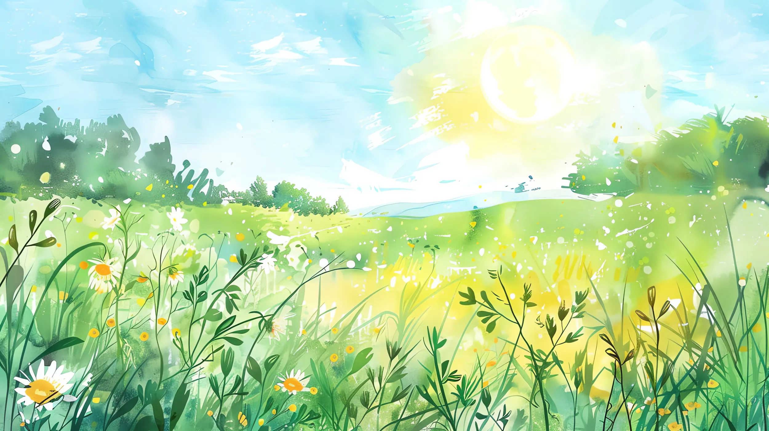 Aquarelle représentant une prairie ensoleillée